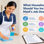 Household tasks included in a maid's job description, such as cleaning, laundry, and kitchen care