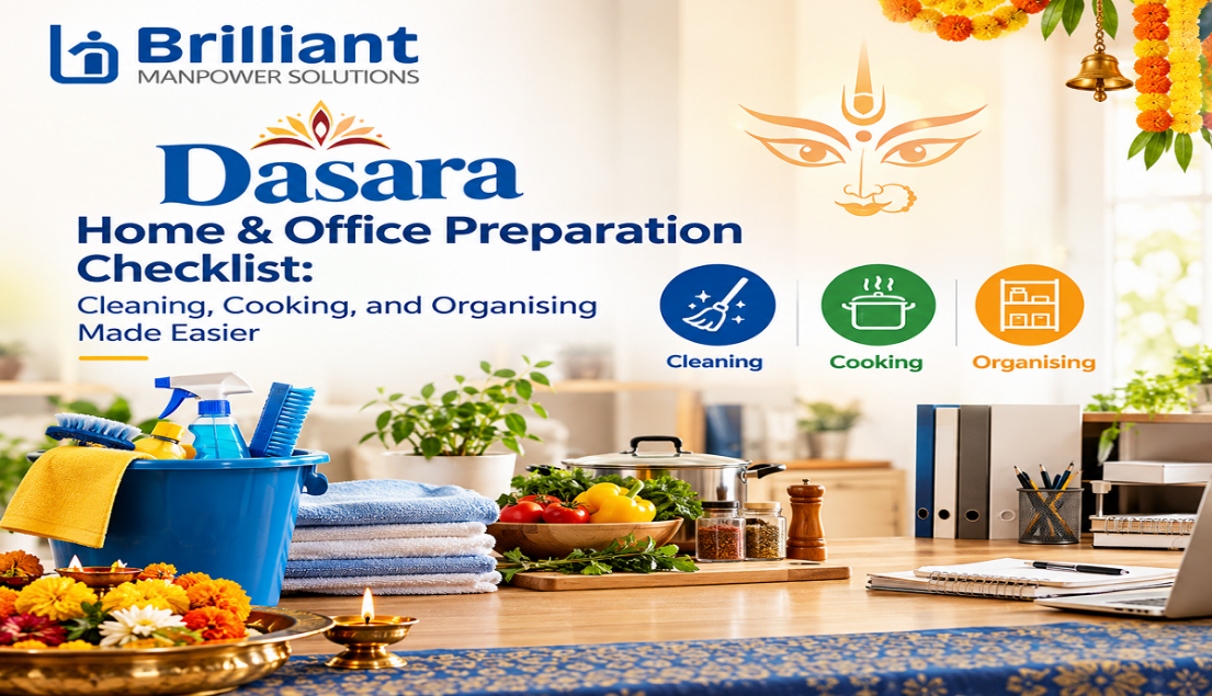 Dasara home & office preparation checklist for cleaning, cooking, and organising.